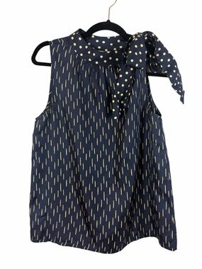 Anthro Portrait of a Girl Silk Blouse Navy Polka Dot Tie Neck Sleeveless Size 6